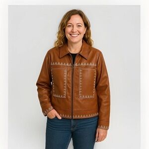 Angel + Premium Womens XL Brown Western Aztec Jacket White Embroidery Retro Boho